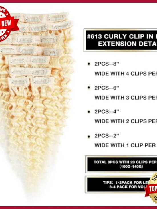 28 Inch Human Hair Clip-In Extensions, Deep Wave, 100-140g Set main image 6